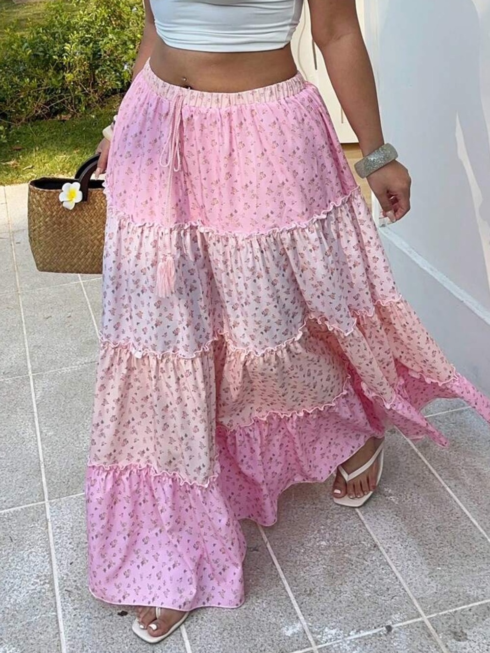 Sunnyshic Plus Size Women Casual Vacation Romantic Contrast Ditsy Summer Skirt